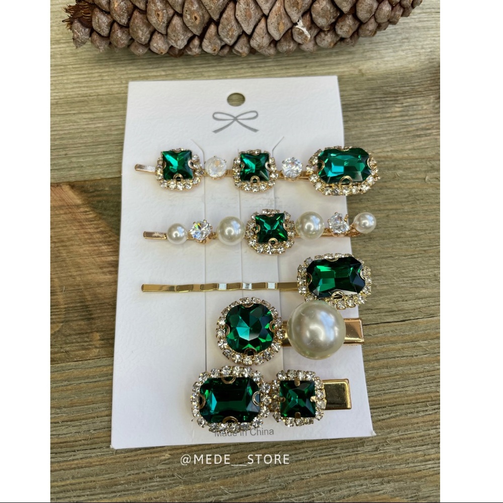 Women’s hair clip pearl crystal rhinestone DARK GREEN SET wedding Accessories